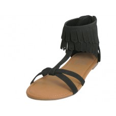 W8800L-B - Wholesale Women's "EasyUSA" Suede Cross Strap Fringe Sandals  ( *Black color )